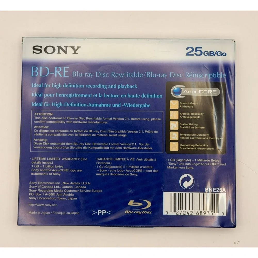 Sony BD-RE 25GB Rewritable Blu-ray Disc 1-2x AccuCORE BNE25A New Sealed